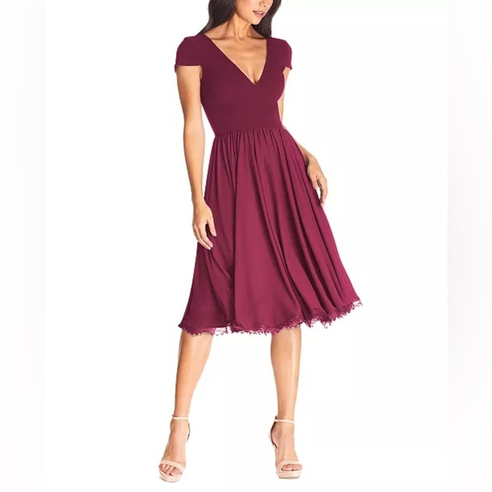 NWT Dress The Population Corey Chiffon Fit‎ & Flare Dress in size Large in Wine